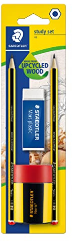 STAEDTLER Study Set mit 2 x Noris 120 Bleistifte Made from Upcycled Wood in Härtegrad HB, 1 x Mars Plastic Radierer und 1 x Noris Spitzdose, hohe Qualität Made in Germany, 120 511BKD