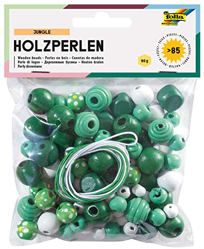 folia 22974 - Holzperlen, Jungle-Mix, grün/weiß, 60 g entspricht bis zu 85 Teilen, in verschiedenen Farben und Formen, zum Basteln von Ketten und Armbändern, inklusive 2 Schnüre je ca. 85 cm