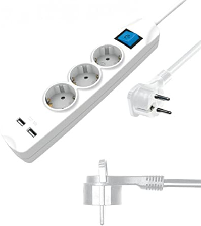 3-Fach Steckdosenleiste mit 2 USB-Ladebuchsen und Flacher Stecker, mit Schalter (Steckerleiste mit erhöhtem Berührungsschutz) 5m weiß
