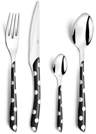 Amefa Lunares Cubertería de 16 Piezas – Estuche para 4 Personas, Plástico Acero Inoxidable 18 0 Bi inyección, Negro