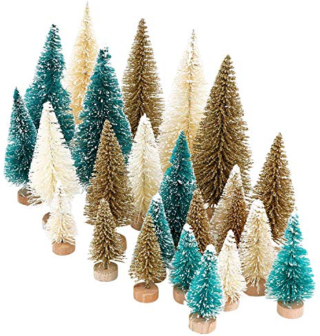 LAEMILIA 24 Stücke Deko Tannenbaum Weihnachtsbaum künstlich Klein Holz Mini Weihnachtsbaum Weihnachten Dekoration Tischdeko in Braun Grün Weiß DREI Größen, DIY, Schaufenster