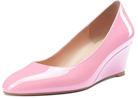 Saekcted Women Mid Heel Wedge Round Toe Slip-on Pumps Court Shoe Classic Cute Dress 5 CM Heels Pink 4 UK