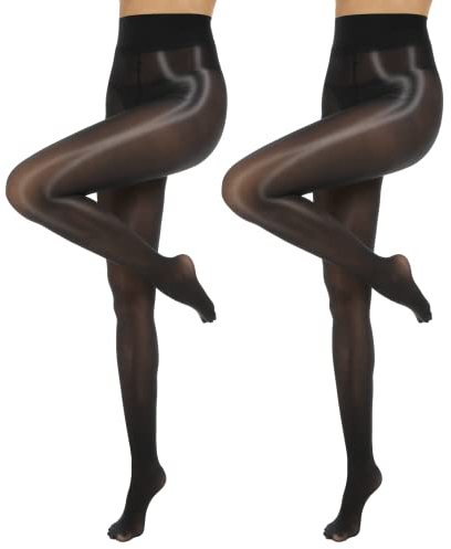 MANZI 2 Paar Glanzstrumpfhosen Damen Sexy Seidenglatt Feinstrumpfhose 15 Den transparent reißfest Schwarz,L-XL