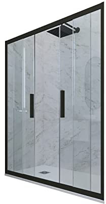 Puerta de ducha deslizante en nicho 150 CM de PVC Negro Mate H 200 Vidrio Transparente mod. Glam