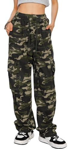 HVEPUO Camo Pants Women High Waisted Wide Leg Casual Y2K Camoflage Cargo Pants Baggy Elastic Waist Straight Jeans Trousers Khaki Camo S