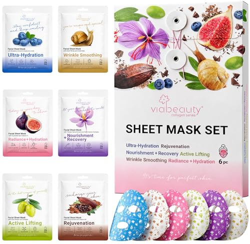 VIABEAUTY 6 Pack of Sheet Face Masks Skincare - Collagen Face Mask Sheets with Hyaluronic Acid, Vitamin C, Snail Mucin - Facial Sheet Mask for Hydrating, Moisturizing, Rejuvenating