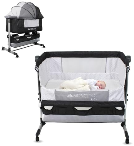 Mobiclinic®, 3-in-1-Babybett, Night, Beistellbett, Höhenverstellbar, Matratze, Moskitonetz, 360°-Rollen, Gurte, Aufbewahrungskorb, Bis 20 kg, Schwarz