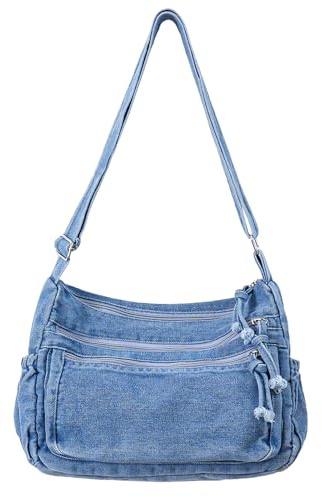 Ausing Jeanstasche Damen Tasche Groß Canvas Tasche Damen Groß Retro Jeans Tasche Damen Crossbody Tasche Leder Damen Hellblau