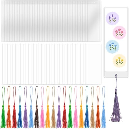 DSYIL Blank Bookmarks Making Kit, 50 Pcs Paper Bookmark, 50 Colorful Tassels, 50 Pcs Clear Bookmark Sleeves for DIY Book Mark Projects and Gift Tags (White Bookmark + Tassel + Sleeves, 150)