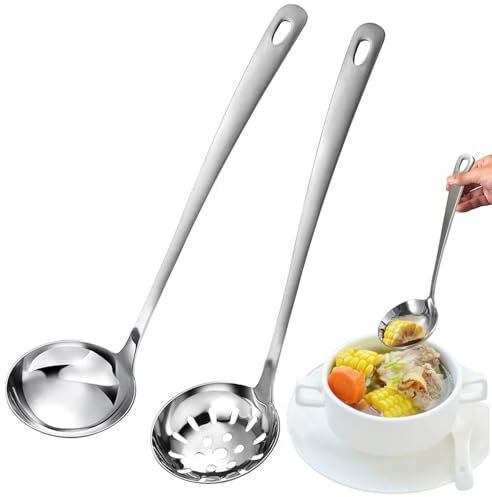 2 Pezzi Mestolo Lungo per Servire in Metallo, 30cm Mestolo e Cucchiaio Scanalato in Acciaio Inox, Mestoli da Minestra con Manico Ergonomico und Foro, Lavabili in lavastoviglie, per Cucina, Ristorante