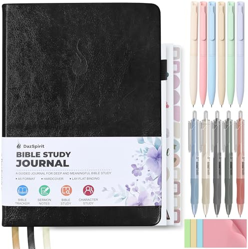 DazSpirit Bible Study Journal Set, Christian Bible Study Kit with Guided A5 Journal, 11 Pens, Sticky Notes & Stickers, Devotions Faith-Based Gift for Women, Church Notes Notebook