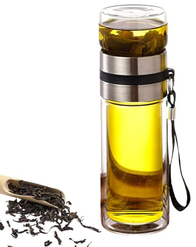 Botella de té de vidrio: botiglias transparentes reutilizables con tapa hermética | Perfecto para tés, infusiones bebidas frías | Diseño elegante y práctico para el hogar, la oficina y el aire libre