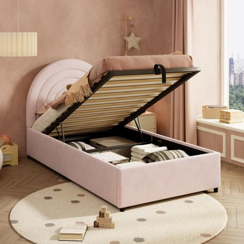 KOMHTOM 90 x 200cm Lit Simple Rembourré, Lit Hydraulique avec Tête de lit et Sommier à Lattes en Bois, pour Adolescents et Adultes(sans Matelas) (Rose-Velours)