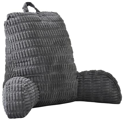 BUERPINKING Cuscino da Lettura per Letto e Divano con Schienale a Balze per Adulti, Supporto per Braccia, Cuscini per Leggere/Rilassarsi/Guardare La TV, con Tasca e Fodera Lavabile (Grigio scuro)