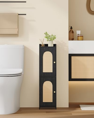 Hzuaneri Bathroom Storage Cabinet, Small Corner Floor Cabinet with 2 Doors and Adjustable Shelf, Narrow Toilet Paper Cabinets, Bathroom Organizer for Small Spaces, 7.9D x 7.9W x 29.5H Rattan Black