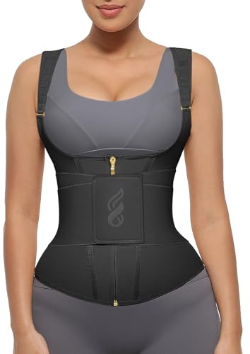 FeelinGirl Waist Trainer Corset for Women Tummy Control Sport Workout Body Shaper Vest for Women Gym Zipper and Belt Black L