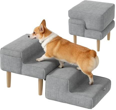 Escalier pour Chien à 4 Marches, 2 en 1 Siège&Escalier Chien, Rampe pour Chie-n Antidérapante pour Chiens & Chats Âgés Monter Canapé et Lit– Marche ou Fauteuil Ottomane, Gris