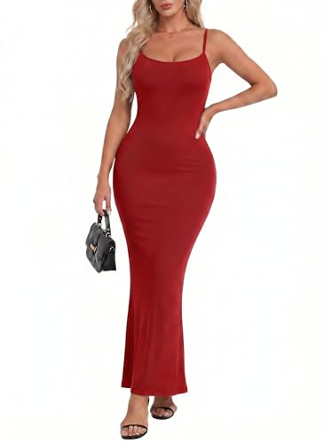 IWOLLENCE Bodyconklänning damer sommarklänning maxiklänning långa smala axelband rygglös elegant sexig elastisk fyrkantig urringning justerbara remmar, röd, M
