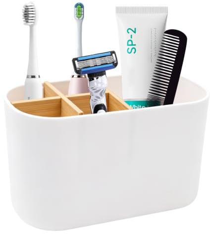 Vidoxdu Toothbrush Holder for Bathroom, 5 Slots Toothpaste Organizer | Electric Toothbrush Holder with Detachable Divider, Countertop Caddy for Family & Easy to Clean (White)
