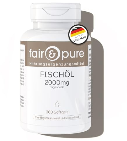 Fair & Pure Aceite de pescado 2000mg, 360 cápsulas blandas, 2000mg de aceite de pescado por dosis diaria, ácidos grasos omega-3, EPA, DHA, vitamina E, complemento alimenticio sin aditivos