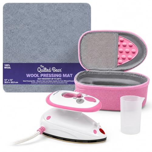 The Quilted Bear Premium Mini Iron and Wool Pressing Mat Bundle, Pink | Small Steam Iron, 12x12 inch Pressing Mat, Silicone Iron Rest, Hardshell Case for Quilting, Patchwork, Applique and Travel