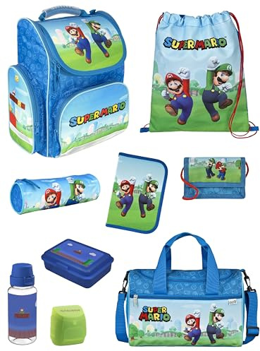Familando - Schulranzen Set CLOU - 9-teilig mit Sporttasche - Super Mario Game - Ergonomisch, Stabil & mit gepolstertem Rücken - 930g leicht - 15L Volumen - Mit Reflektoren - ab 1. Klasse