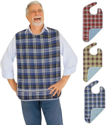 Modaliv 3-Pack Adult Bibs – Waterproof, Reusable Eating Aprons with Crumb Catcher, Machine Washable Clothing Protectors for Seniors, Elderly & Special Needs
