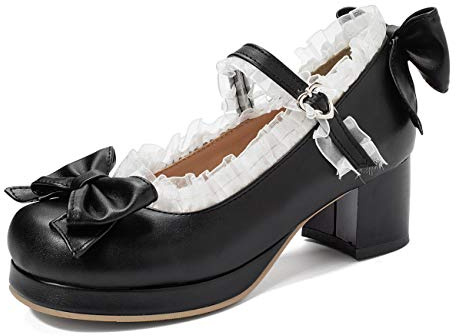 KISSASA Womens Cute Platform Shoes Chunky Mary Jane Heels Bow Court Shoes Size 10.5UK,Black
