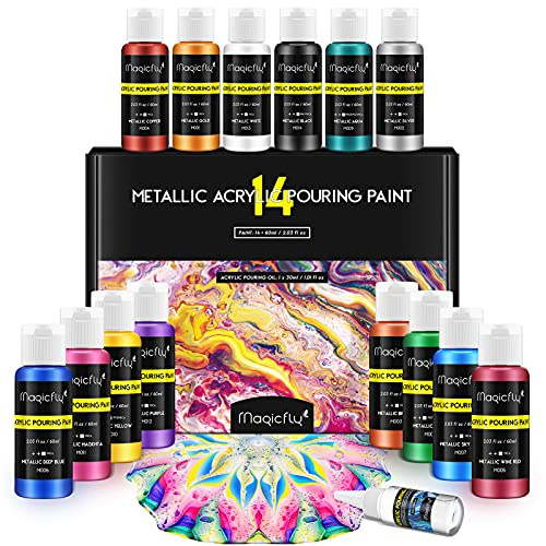 Magicfly Pintura acrílica Metalizadas para Pouring Paint 14 Colores/ 60ml, Aceite de Silicona Kit de Pinturas Acrílicas Fluida para Pouring Paint, para Manualidades Madera Piedra Vidrio Lona