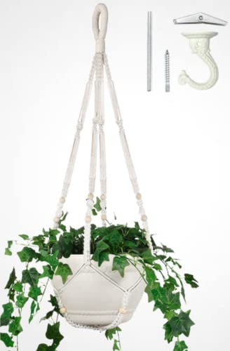 Eco Joy Grande Suspension en macramé de 109 cm pour Pot de 30,5 cm Extra Long + Crochet | sans Pompon, Corde en Coton à Suspendre avec Crochet, Plante Non Incluse (Blanc)