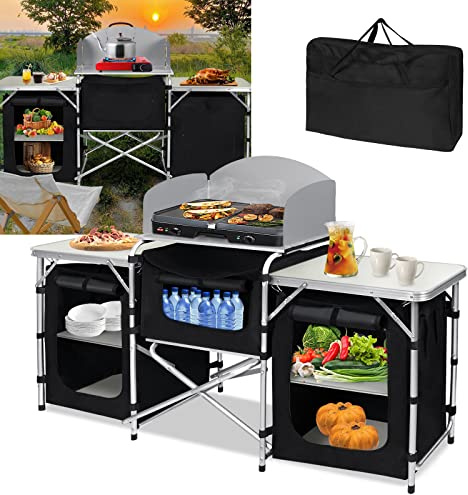 LARS360 Cocina de Camping Plegable Armario de Camping con Marco de Aluminio Compartimentos de Almacenamiento Tablero de Mesa Incluye Bolsa de Transporte (5 Compartimentos y 3 mesas)