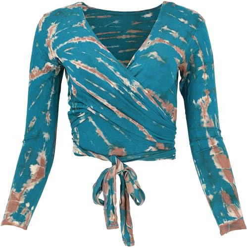 GURU SHOP Batik Wickeltop, Yogatop, Langarmshirt - Türkisblau, Damen, Synthetisch