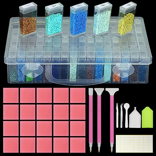 DONQL Diamond Painting Kit Completo,64Slots Kit Diamond Painting Accessori,Strumenti di Pittura Diamante 5D Scatola Pinzette Argilla Vassoio di Plastica Penna Adulti Bambini Fai da Te Unghie Gioielli