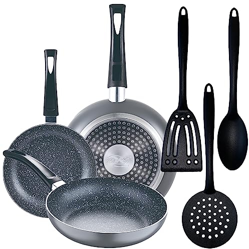 Set 3pc sarten (16+20+24cm) aluminio prensado, inducción, negra Soul Marble con Set 3pcs utensilios de cocina