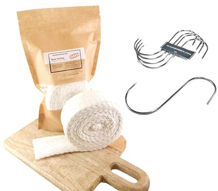 Rete Elastica per la Carne 10mts + S Ganci per Carne x 5 - Rete per Arrosti, Ganci per pesce e carne di affumicatura (125mm/10mts Calza + Ganci per Carne x 5)
