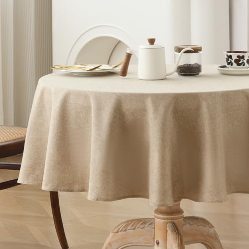 Wracra Waterproof Round Tablecloth for 4 to 6 Seater, Round 140cm Linen Style Indoor Outdoor Tablecloths, Wrinkle Resistant Washable Polyester Table Cloth for Daily Use (Nature Coffee, Round 140cm)