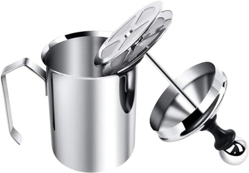 Mousseur à lait manuel en acier inoxydable avec double écran en mousse pour cappuccino, café, latte, chocolat chaud (400 ml)