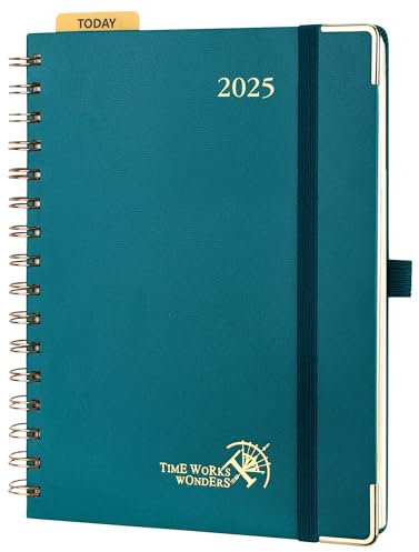 POPRUN Kalender 2025 Buchkalender Ringbuch mit Hardcover, ca. A5 (21,5 x 16 cm), 12-Monate-Terminplaner (Jan.2025-Dez.2025), Wochenplaner 2025 mit 100 GSM Elfenbeinpapier - Pazifikgrün