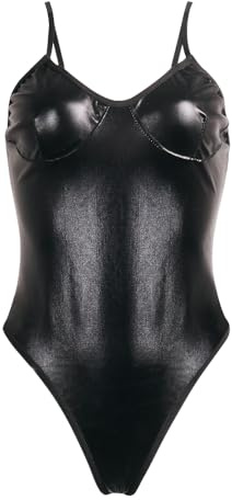 Satohom Mujer Una Pieza Sexy Sujetador con Tirantes de Cuero Charol Cuello en V Body Push Up Teddy Picardias Lencería sin Espalda Leotardo Mono sin Mangas Ropa Interior Clubwear Talla Única