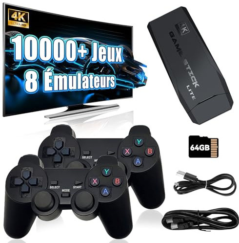 KINMRIS Console de Jeux Vidéo avec Double Contrôleur sans Fil 2.4G, 4K, 10000 Jeux, 64 Go, Jeu Rétro, Cadeau de Noël