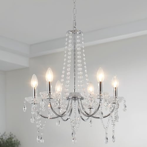 WTUOING Modern Crystal Chandelier, 6 Lights Silver Chandeliers Ceiling Lights Living Room Bedroom, Adjustable Height Chrome Vintage Pendant Light for Kitchen, Dining Room, Hallway