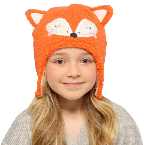 Wintermütze für Kinder, Jungen, Mädchen, Unisex, Tiermotiv, mit 3D-Ohren, Fuchs Orange, 6-9 Years