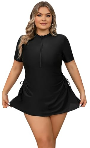 EFOGEP Plus Size Swimwear for Women: Ladies Swimming Costume Long Sleeve Zip Up Rash Guard High Stretchy Boyleg One Piece Swimsuit Surfing Modest Bathing Suit with Chest Pads Black Dress L