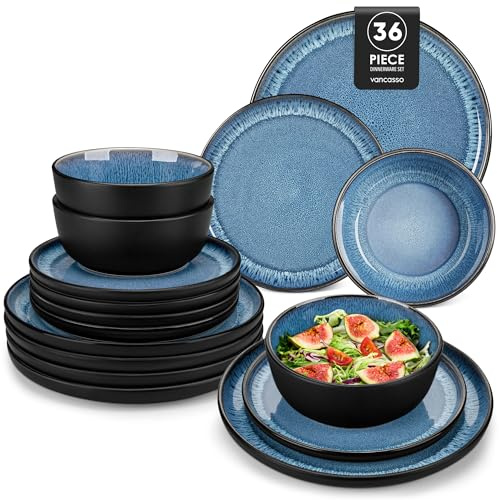 vancasso Servizio Piatti 12 Persone, Set Piatti 36 Pezzi, Piatti Moderni in Gres - 12 Piatti Piani, 12 Piatti Dessert e 12 Ciotole Cereali - Smalto Reattivo Blu, Sicuro per Microonde e Lavastoviglie