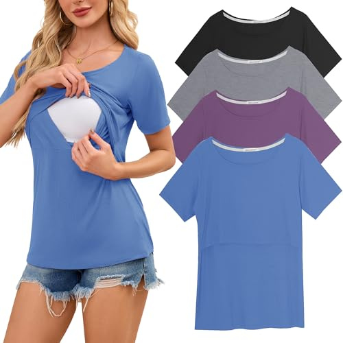 Smallshow Women's Nursing Tops Ribbed Short Sleeve Breastfeeding Shirts 4 Pack,Blue-Black-Light Grey-Misty Lilac,M