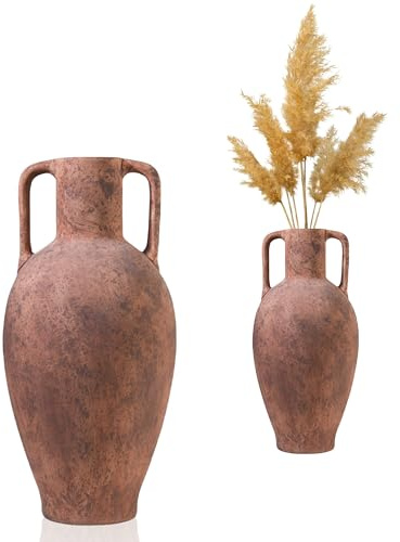 UPWOIGH 20.5in Tall Large Vintage Handles Ceramic Floor Vase, Antique Terracotta Pottery with Beige Speckles and Distressed Brown Markings, Rustic Farmhouse Living Room or Bedroom Decor, Gift 1 Pack