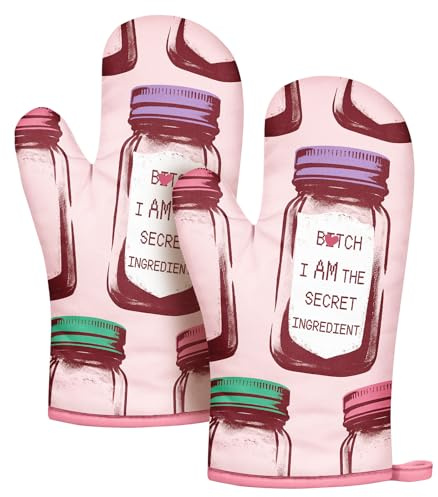 Slohif Funny Oven Mitt Heat Resistant for Women - 2 Pack Pink Cute Novelty Cool Kitchen Oven Mittens with 100% Cotton for Baking and Cooking Accessories