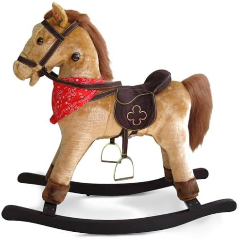 Bakaji Caballo balancín para niños con sonidos realistas nitre y mueve la boca, estructura de madera y tela de peluche de calidad, juegos infantiles (Light Brown)