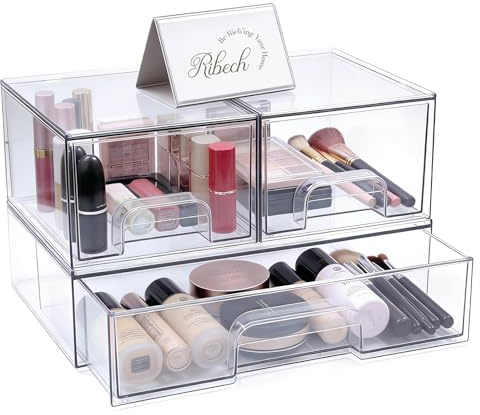 Ribech Juego de 3 Organizador con Cajones (1 grande + 2 pequeños) con Base Antideslizante - Almacenamiento Transparente para Encimera Baño, Tocador & Escritorio, Ahorra Espacio en Toda Superficie