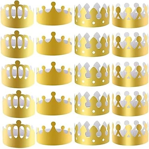 Förpackning med 20 King Crown partyhattar i guldpapper med justerbara spår och 4 stilar för vuxna och barn, för födelsedag, bröllop, för kröning och kostymfirande (28 st)